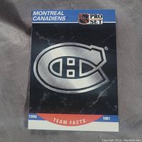 Front side of the 1990-1991 Montreal Canadiens Pro Set hockey card showing large team logo and Pro Set branding.