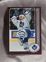 Front of Tie Domi Toronto Maple Leafs hockey card showing player celebrating on ice in uniform, bordered in maroon with team logo and player name.