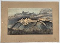 Full image of pastel landscape artwork on card, showing mountain scene under clouded sky with beige mat surrounding artwork.