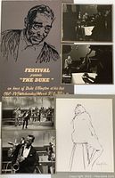 Full overview of the poster, several black and white production photographs and ink drawing.