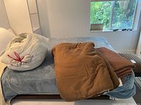 Photo of two bedspreads laid on bed and three feather pillows in plastic bag.