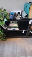 Full view of black wooden bookshelf with various items on top and inside, surrounded by plants.
