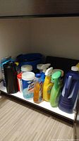 Shelf with assorted cleaning products including Arm & Hammer Oxyclean, Lysol wipes, spray bottles