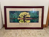 Framed inspirational poster labeled 'PASSION' showing tree by water in a dark reddish wooden frame with glass