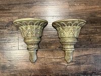 Pair of wood wall sconces displayed front-facing showing carved leaf and pinecone motifs on a wooden floor.