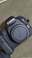 Front view of Canon EOS 6D camera body with body cap and attached battery grip
