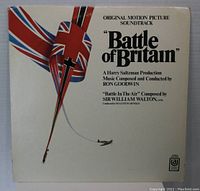 Front cover of the 1960s Battle of Britain original motion picture soundtrack vinyl album featuring Union Jack flag and aircraft