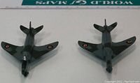 Top view of two green Supermarine Swift model jet airplanes showing wing markings and general condition