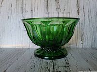 Side view of the green Anchor Hocking Fairfield depression glass pedestal bowl showing design and color.