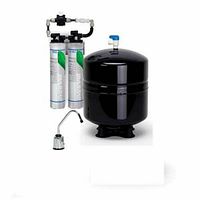 Complete reverse osmosis system showing two filter housings, black pressurized storage tank and chrome faucet.