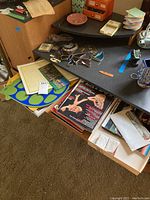 Overall view of collection on pull-out shelf showing various papers, magazines, stickers, and memorabilia.