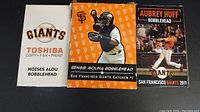 Moises Alou, Bengie Molina, and Aubrey Huff San Francisco Giants bobblehead boxes with player images and logos