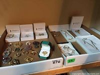 Wide view of an assortment of costume jewelry laid in trays, focusing on multiple brooches, earrings, bracelets, and necklaces.
