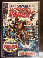 Front cover photo of Captain Savage and His Leatherneck Raiders #1 comic book showing the title, cover art, and text detailing the issue and date.