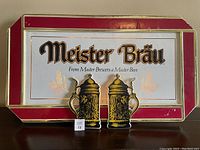 Front view of the Meister Brau light up sign showing logo, beer steins, and frame details.
