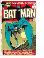 Front cover of Batman comic book #241 from May 1972 showing Batman flying over Gotham City with text details about the story and characters.