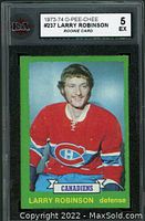 Front of 1973-74 O-Pee-Chee #237 Larry Robinson rookie card in KSA graded holder with grade 5 EX label