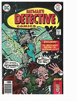 Front cover of the comic book showing Batman with two men holding guns demanding his real name, DC Comics logo, issue number 465, November 1976 date, price 30 cents.