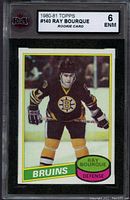 Front side of 1980-81 Topps #140 Ray Bourque rookie card showing player image and card details in protective KSA slab with grade 6 ENM label.