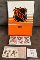 Front cover of the 1990 Kraft Dinner NHL hockey card album in orange, black and white with NHL logo