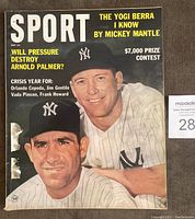 Cover of May 1963 Sport magazine featuring Mickey Mantle and Yogi Berra in Yankees uniforms, with headlines about the article by Mantle about Berra and other sports content.