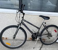 Full side view of the gray Challenger Triumph mountain bike showing the frame, tires, handlebars and saddle.