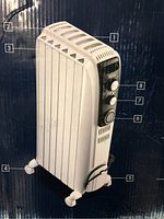 Front and side view of white oil radiant heater with numbered features including fins, wheels, control knobs, and power cord.