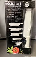 Front view of the knife set packaging showing brand, knives included and features.