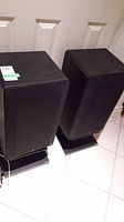 Two black floor-standing speakers on bases in front of a door