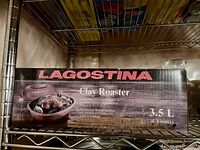 Photo of Lagostina branded box for clay roaster, showing product name, size (3.5L) and suggested serving size (4-6 people).