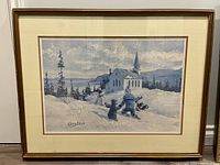 Framed painting of a church with figures in snow, signature 'Keirstead' visible.