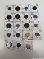 Photo showing 24 Turkish coins from various years and denominations in cardboard holders with handwritten notes.