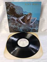Vinyl record viewed laying flat on beige surface with clear reflection on the black disc and clear white label.