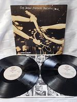 Two vinyl records on white surface showing the black vinyl discs and the white labels for the Doobie Brothers Farewell Tour double LP set.