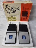 Two Fanon Explorer 2 walkie talkies side by side in styrofoam insert with original box behind.