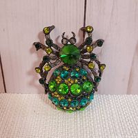 Front view of spider brooch showing the multi-coloured rhinestones mainly in green and yellow shades on metal base.