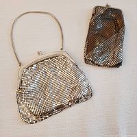 Both vintage accessories together: silver mesh handbag with shoulder strap and matching glasses case, showing overall condition