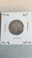 Reverse side of the 1912 Newfoundland 20 Cent silver coin showing denomination, year and decorative elements.