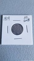 Obverse side of the 1919 Canadian 10 cent coin showing the portrait and year.