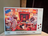 Box art showing the completed design of the puzzle with a family scene around a fireplace with pets.