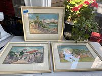 Three framed watercolor paintings displayed together, showing scenic architectural and natural landscapes, outdoors with flowers and plants visible.