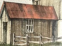 Close-up of barn roof section showing watercolor texture and color detail