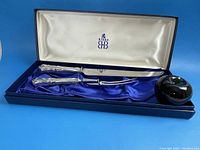 Knife and fork in original Birks presentation box with satin lining and silk lid