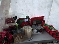 Overview of Christmas items includes fabric stockings and pillows, flameless candles, a holiday centerpiece, and boxed ornaments.