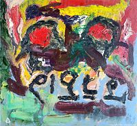 Close up of the textured, colorful abstract painting showing bold brushstrokes and signature mark.