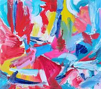 Close-up view of the acrylic brush strokes and color composition on the canvas.