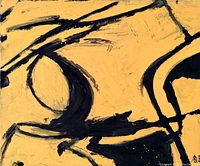Close-up of the painting "Ornamita N1" showing abstract black lines on yellow background.