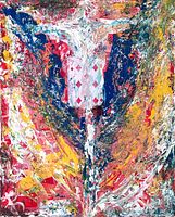 Close-up photo showing detailed texture, color, and central motif of the abstract painting "Sevia" by RETNE with red, blue, yellow, white colors and playing card pattern.