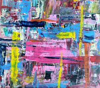 Close-up front view of abstract painting showing textured brushstrokes and color palette