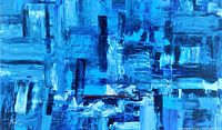 Close-up detail of layered blue and white acrylic brushstrokes